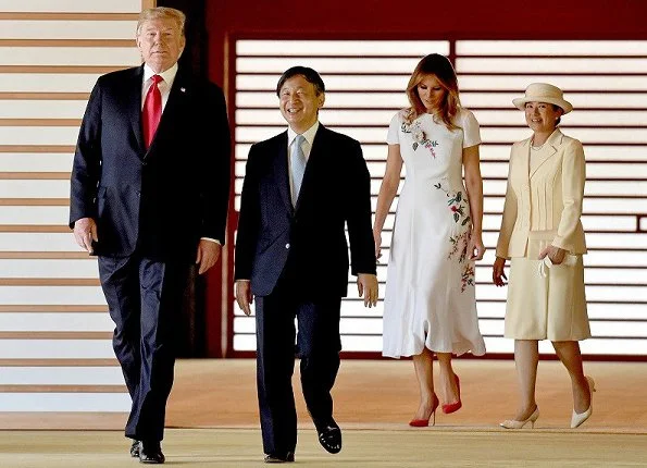 Crown Prince Akishino and Crown Princess Kiko. First Lady Melania Trump wore Carolina Herrera floral embroidered dress
