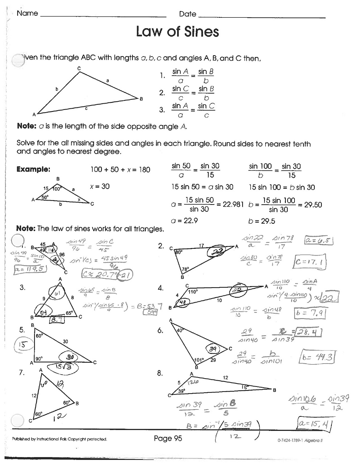 Law of sines homework help; Ley de los senos In Law Of Sines Worksheet Answers