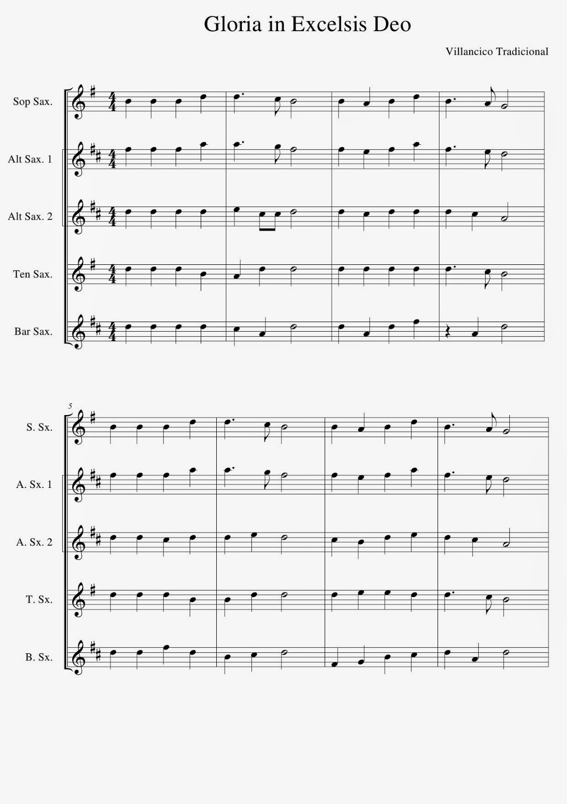 PARTITURAS PARA CONJUNTO DE SAXOFONES: FELIZ NAVIDAD, GLORIA IN