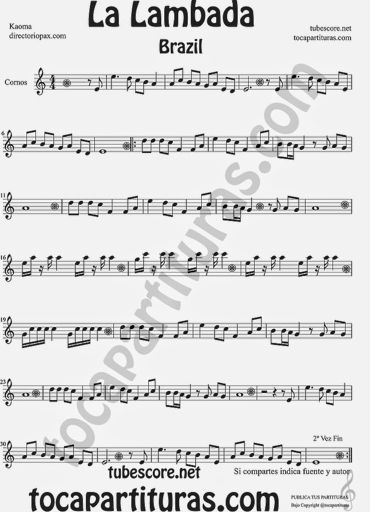  La Lambada partitura para Trompa o Corno Francés en Mi bemol (La Lambada Sheet Music for Horn music scores, Chorando Se Foi Sheet Music)