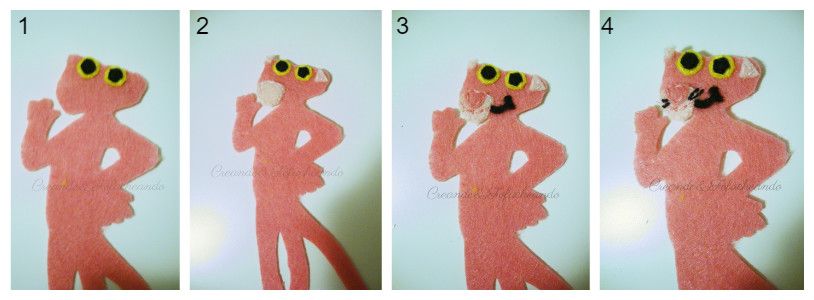 paso a paso vamos cosiendo las piezas para hacer la pantera rosa en Fieltro para el marcapaginas