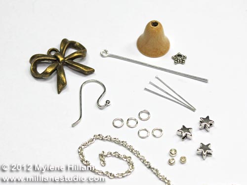 Beads and jewellery findings for the Christmas Bell earrings