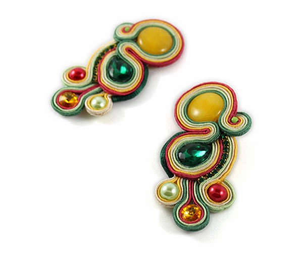 colourful soutache earrings, soutache handmade jewelry, yellow green and red soutache