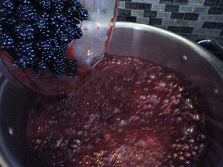 Blackberries being poured into blackberry sugar mixture.