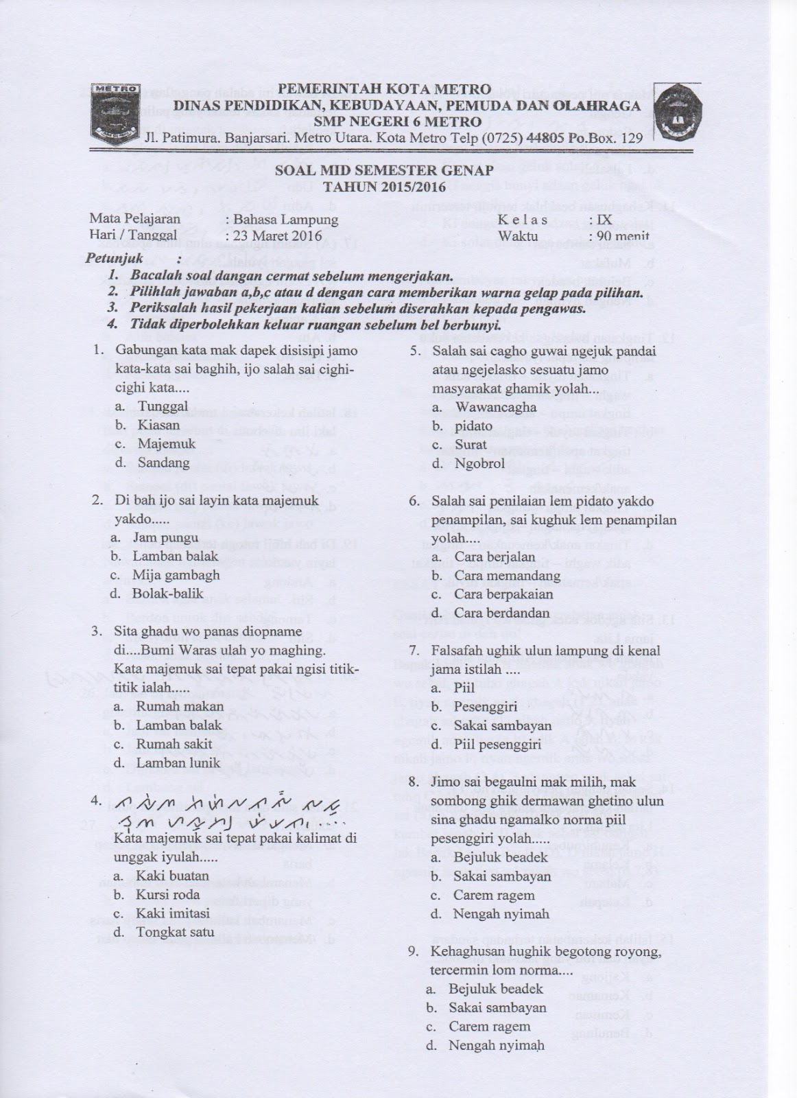 Contoh Soal Bahasa Lampung Kelas 9 Semester 1 File Guru Sd Smp Sma