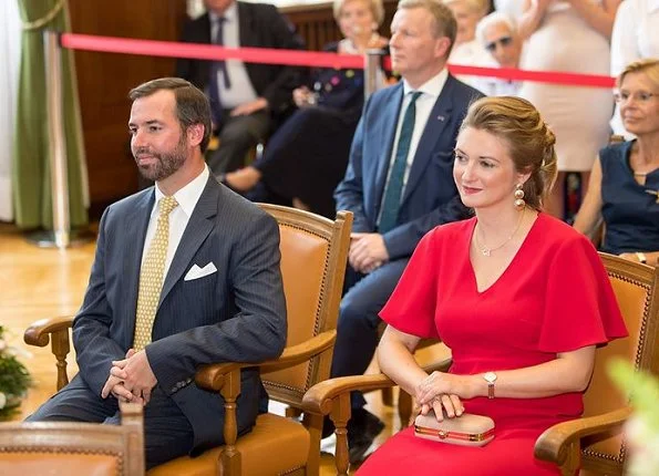 Hereditary Grand Duchess Stephanie visited the Esch. Princess Stephanie wore Paule Ka red dress, Prada pumps, gold earrings