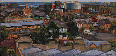 Plein air oil painting painted from the roof of the Pyrmont Power Station showing Harris Street, the CSR Distillery, by industrial heritage artist Jane Bennett