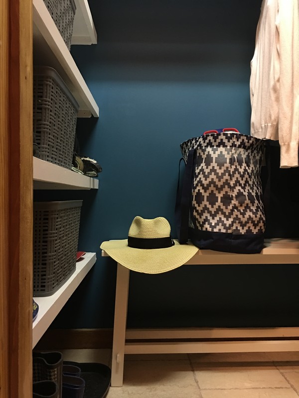 Coat Closet Mudroom Organization Makeover | $100 Room Challenge | Built in Reclaimed Shelves, Sherwin Williams Great Falls 6495, Shoes in Bins