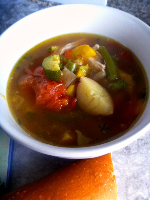 Farmers Market Bounty Summer Vegetable Soup with Chicken:  7 types of crisp, fresh from the farm, vegetables are the star of this dish! Cook them in a hearty chicken broth, laced with herbs, and add some tender roasted chicken and you have one healthy summer soup! - Slice of Southern