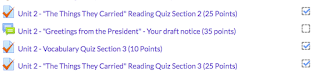 a list of four course assignments showing a checkbox on the right with a checkmark in the box of 3 of the assignments.