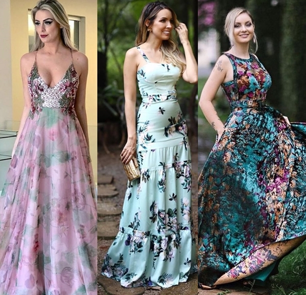 vestido longo floral para casamento a tarde