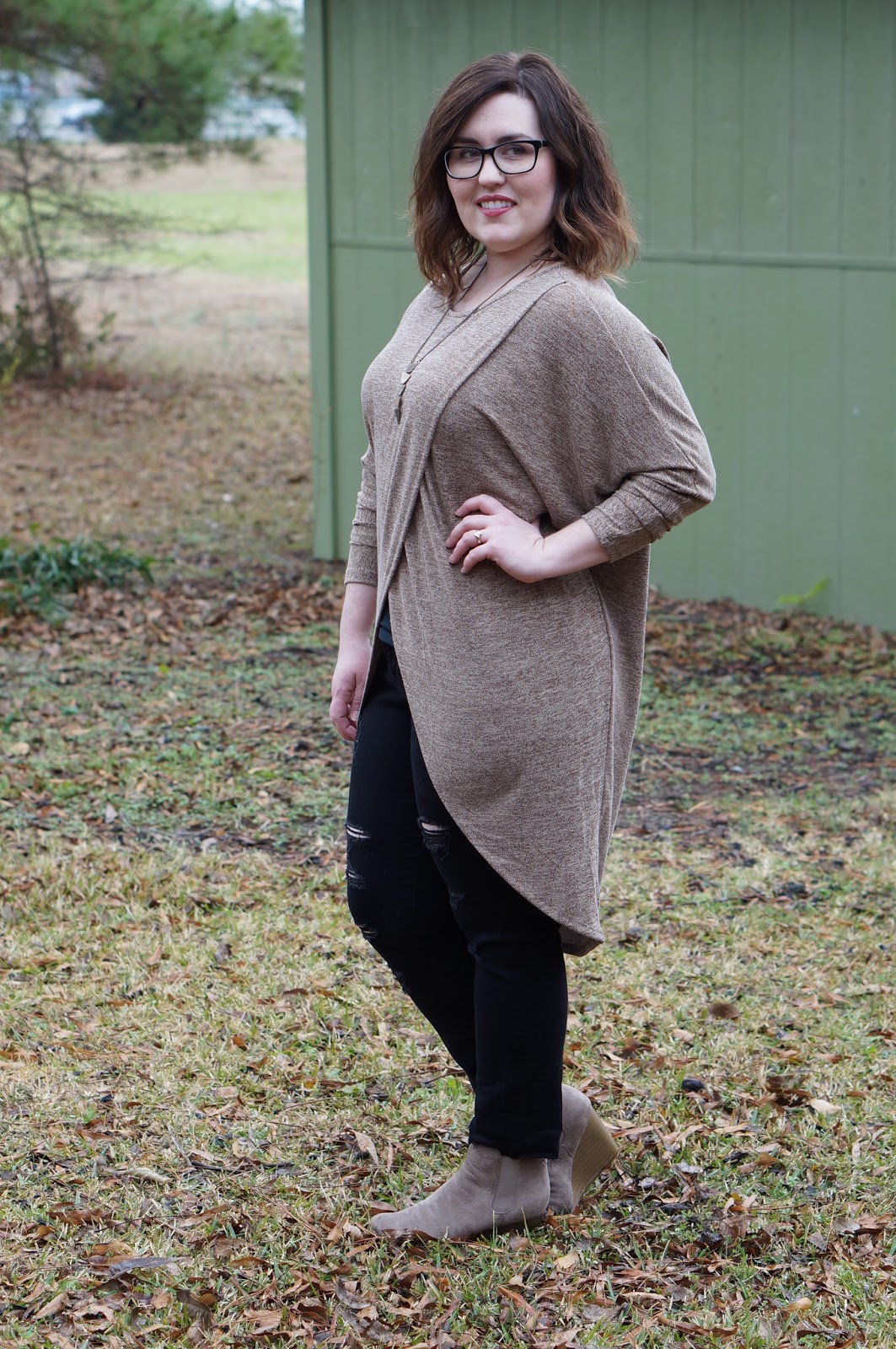 Rebecca Lately Dress Lily Batwing Sweater Old Navy Rockstar Raw-Edge Mid-Rise Jeans Taupe Suede Booties 