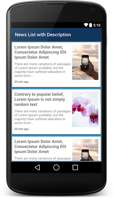 Android News List XML UI Design with Image and Shot Description for Feed Reader Application