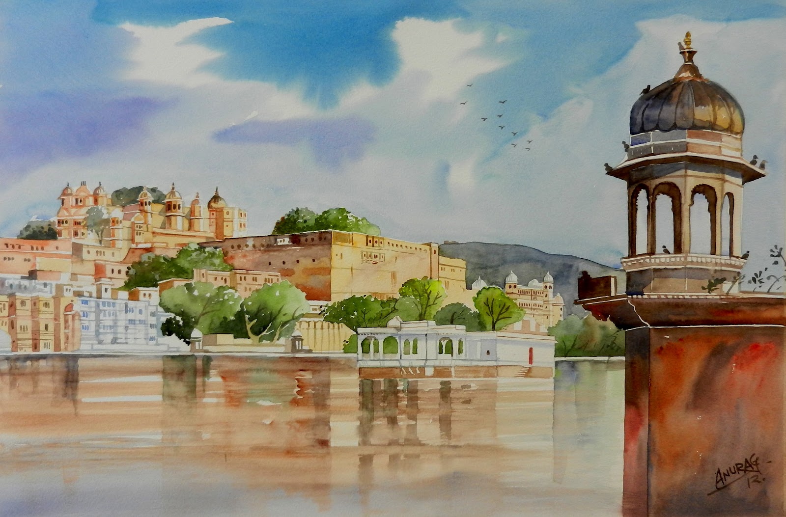 WATERCOLOR....MY LOVE City Palace,Udaipur... View from Hanuman Ghat(Sold)