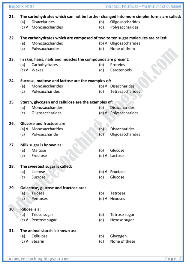 Adamjee Coaching Biological Molecules MCQs Biology 11th
