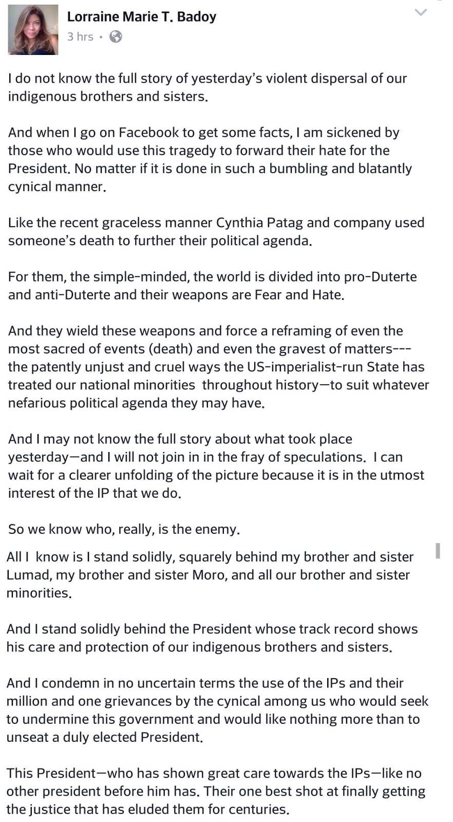 PDuterte is no enemy of the IPs but their best shot at justice, says daughter of trial justice PDuterte is no enemy of the IPs but their best shot at justice, says daughter of trial justice