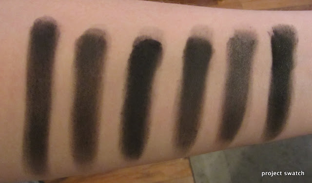 matte black eyeshadow swatches - UD Blackout; Sleek Original; WnW Greed; WnW Panther; Sugarpill Bulletproof; MUG Corrupt