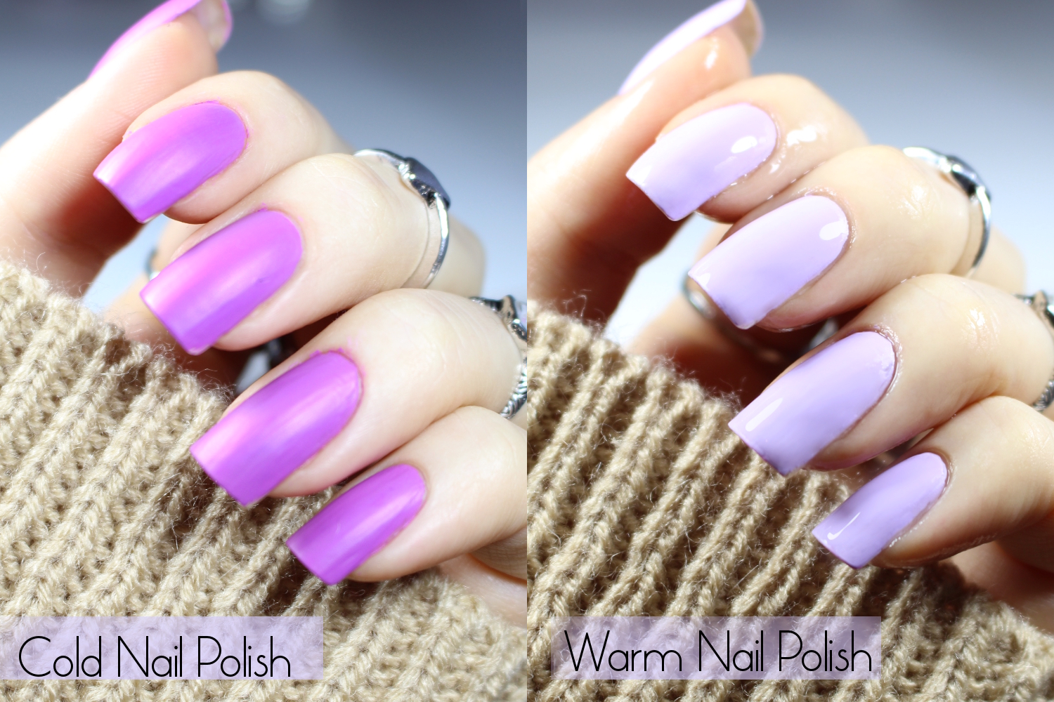 blogger Liz Breygel demonstrates her manicure with before and after results of color-changing nail polish