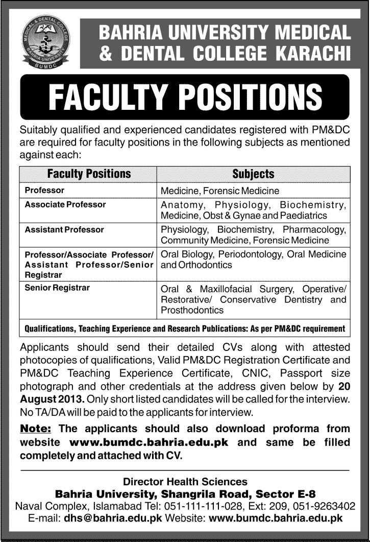 Bahria University Medical & Dental College Karachi Jobs Jobs in