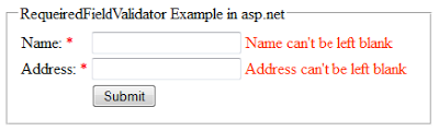 RequiredFieldValidator validation control example in asp.net