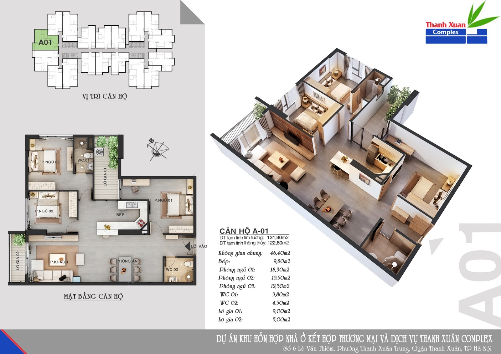 - Căn hộ A01 Chung cư Hapulico 24t3 (Thanh Xuân Complex) diện tích tim tường 131,90m2 diện tích thông thuỷ 122,60m2, thiết kế 3 phòng ngủ 2 vệ sinh, ban công Tây Bắc và Đông Bắc, cửa vào Đông Nam. - Căn hộ A01 Chung cư Hapulico 24t3 (Thanh Xuân Complex) diện tích tim tường 131,90m2 diện tích thông thuỷ 122,60m2, thiết kế 3 phòng ngủ 2 vệ sinh, ban công Tây Bắc và Đông Bắc, cửa vào Đông Nam.