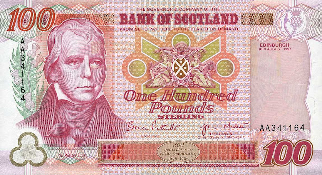 Bank of Scotland 100 Pounds banknote 1997 Sir Walter Scott