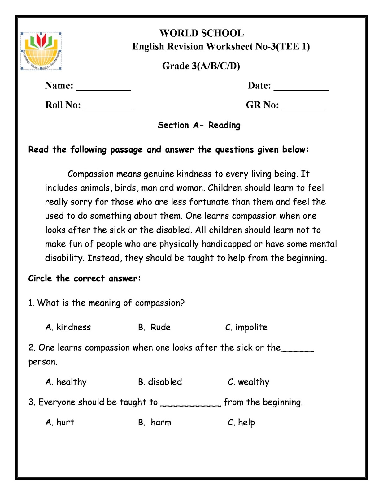 WORLD SCHOOL OMAN English Revision Worksheet For Grade 3