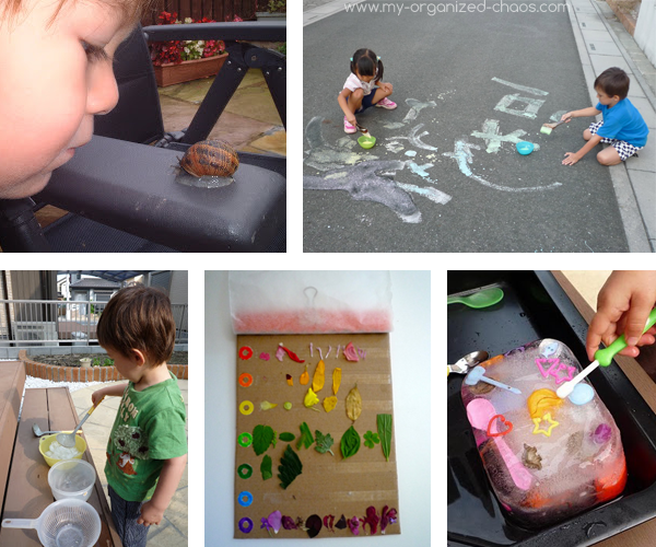 Collage of photos of young children doing Montessori-friendly outside activities