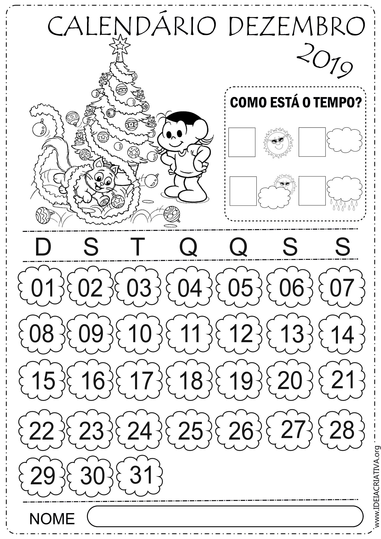 Calendários Dezembro Turma da Mônica 2019 para imprimir e colorir