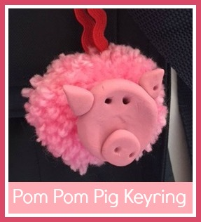 Fimo and pink pom pom pig keyring