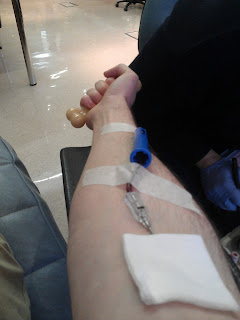 Picture of my right arm mid blood donation. Image chosen to annoy Aisling, who has a needle phobia.