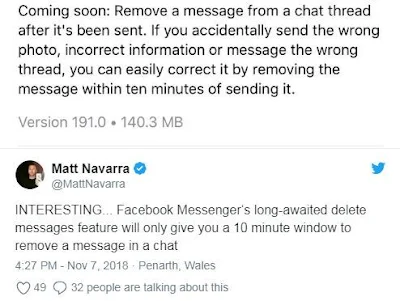 Facebook Messenger akan dilengkapi fitur menghapus pesan