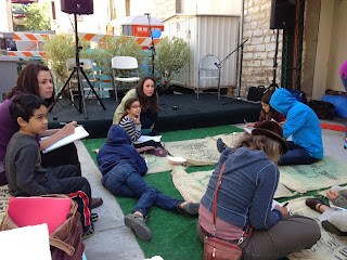 Badger dog writing workshop in downtown Austin alley