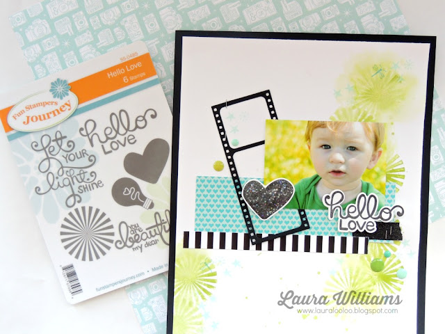 hello love baby scrapbook layout by laura williams featuring Fun Stampers Journey stamps, dies, and papers