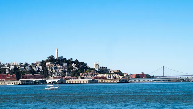 Coit Tower and the Golden Gate Bridge viewed from the San Francisco Bay Ferry