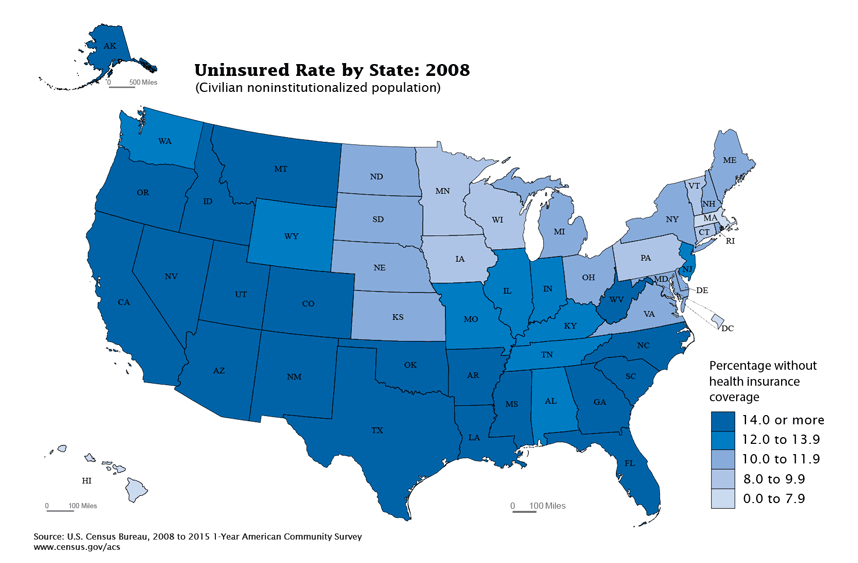 Uninsured rate by U.S. State (2008 - 2014)
