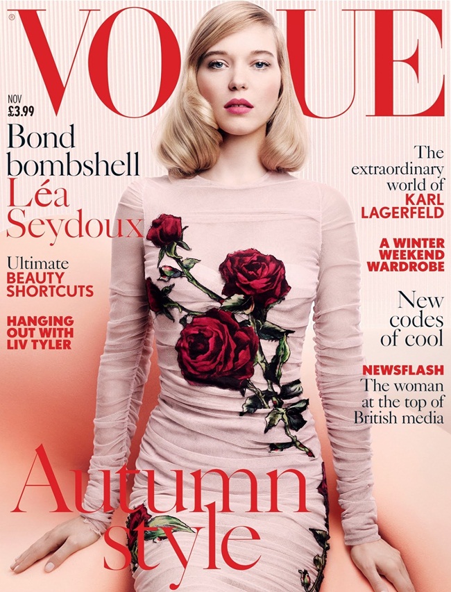Vogue UK November 2015, Léa Seydoux Dolce & Gabbana 2015 AW Nude Silk Tulle Dress With Applique Roses Editorials