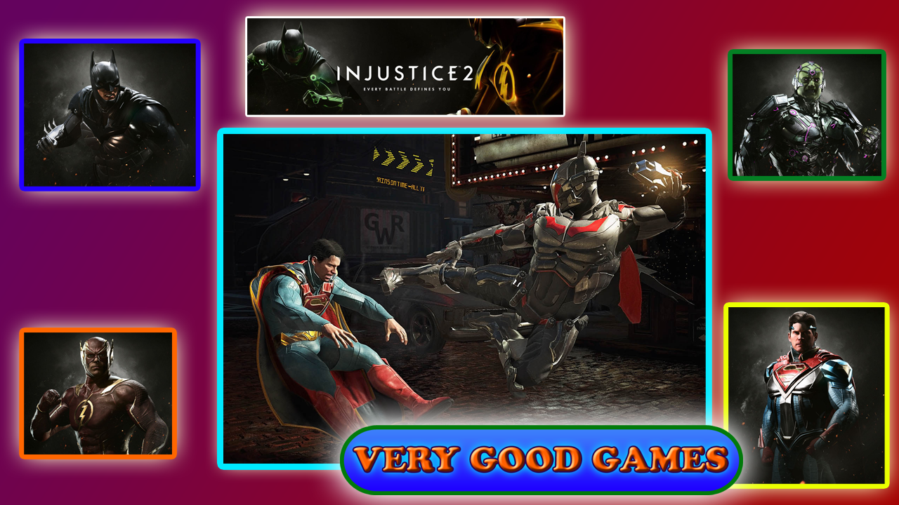 Screenshots of Injustice 2 - a fighting game with Batman, Superman, Aquaman, Joker and other characters of DC comics