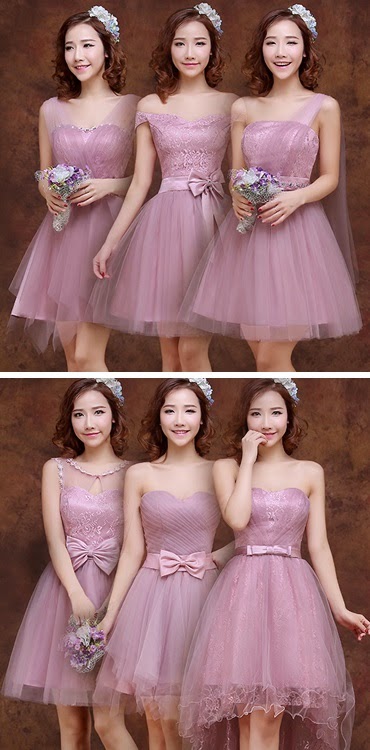 6-Design Pink Burgundy Midi Bridesmaids Dress