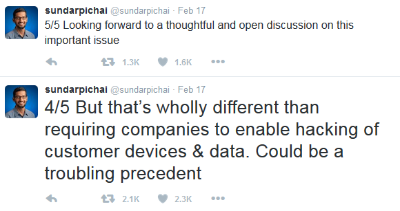 Google CEO Sundar Pichai on Apple vs. FBI Sundar Pichai Google CEO Apple backdoor encryption security tweets statement