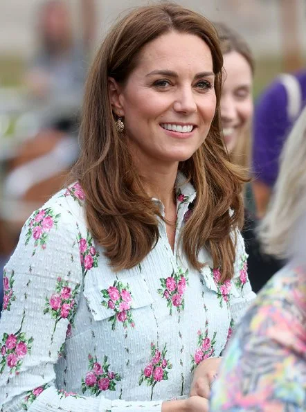 Kate Middleton wore Emilia Wickstead Aurora belted floral-print Swiss-dot cotton-blend seersucker dress and Monsoon fleur wedges