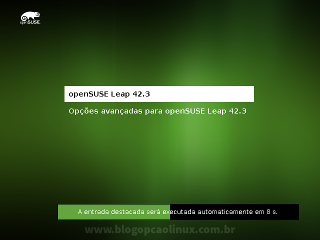Tela do GRUB, exibindo o openSUSE Leap 42.3 Tela do GRUB, exibindo o openSUSE Leap 42.3