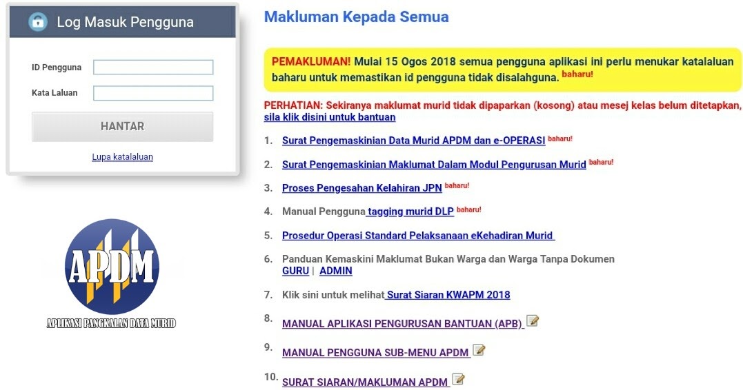 Login e Kehadiran APDM Kehadiran Murid 2018 Online - Peperiksaan