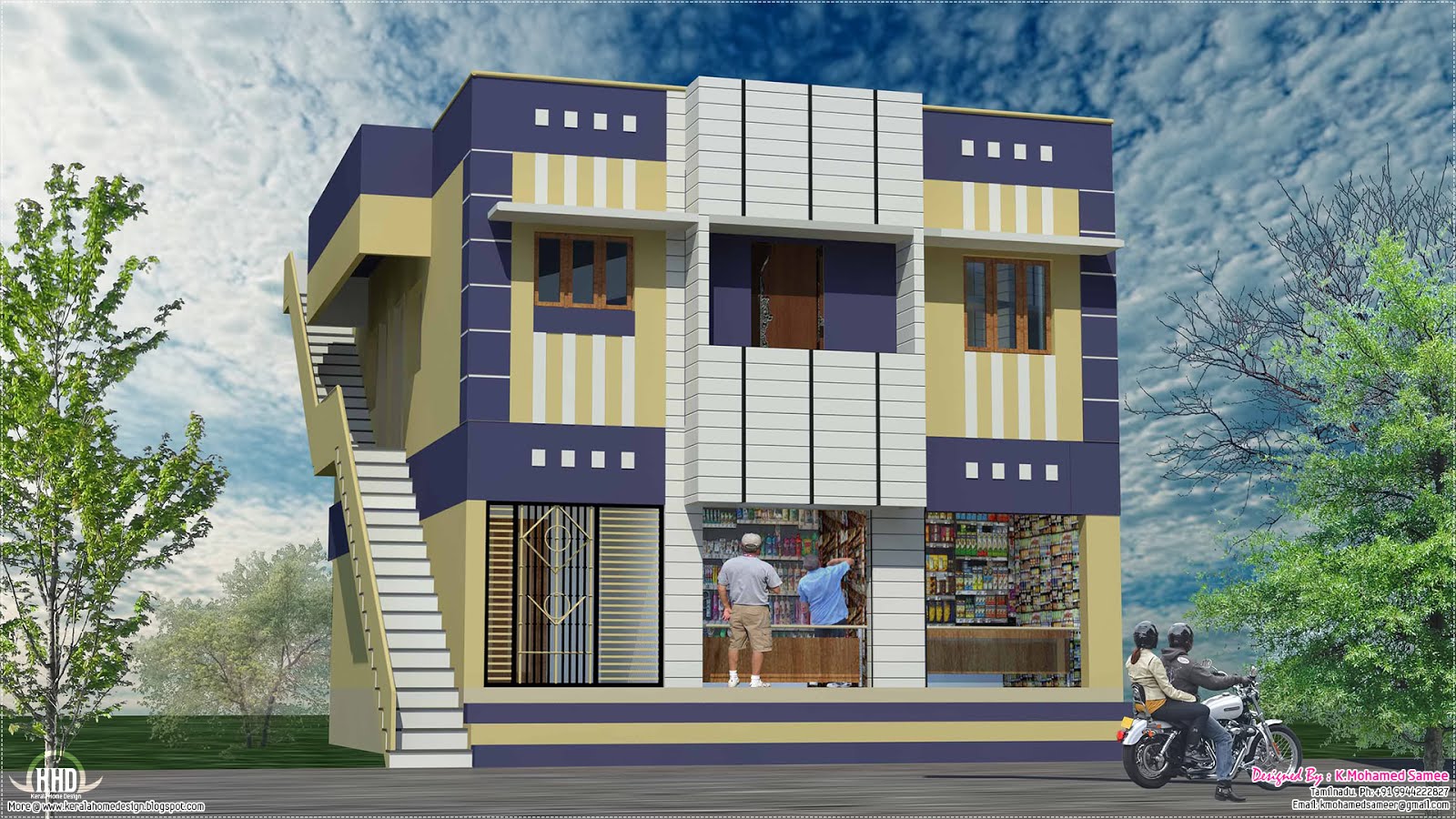 Home with ground floor shops in 2000 sq.feet | House Design Plans