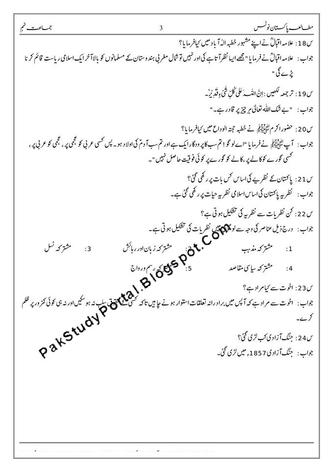 pakistan studies 9th class best notes in urdu