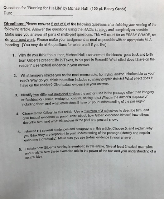 English Mckinley Hs Running For His Life Essay Questions The Essay Questions The Back Page Of Your Article These Are Thinking Questionsthey Are Supposed To Be Similar To Collegelevel Assignmentsit Is