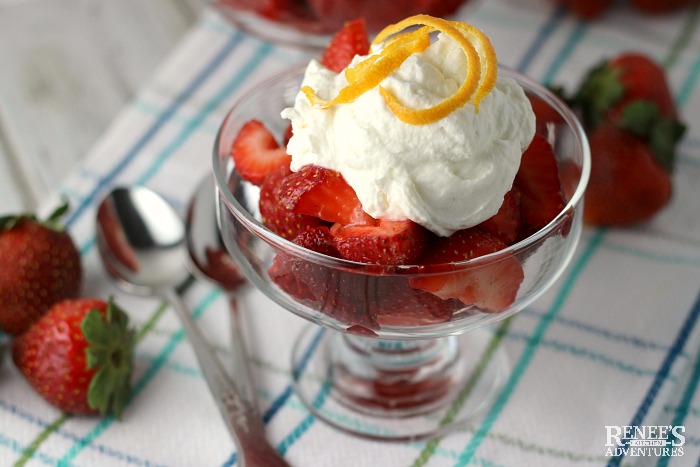 Strawberries Romanoff | Renee's Kitchen Adventures ready to eat in a glass with whole strawberries on the side