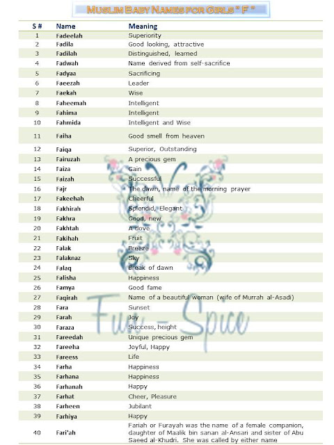 Fun Spice Arabic Muslim Baby Girl Name With Meaning Start With F