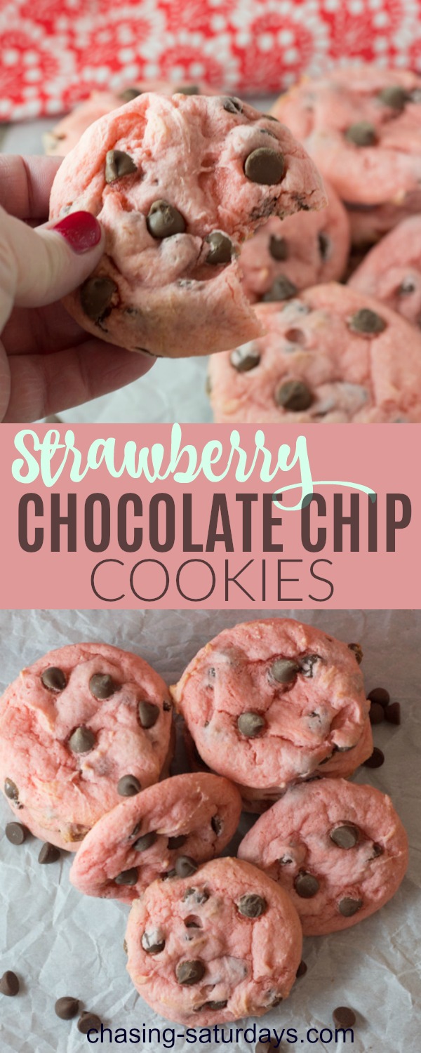Strawberry Chocolate Chip Cookies is a simple box cake recipe to sweeten up the original chocolate chip cookie. Chasing Saturdays