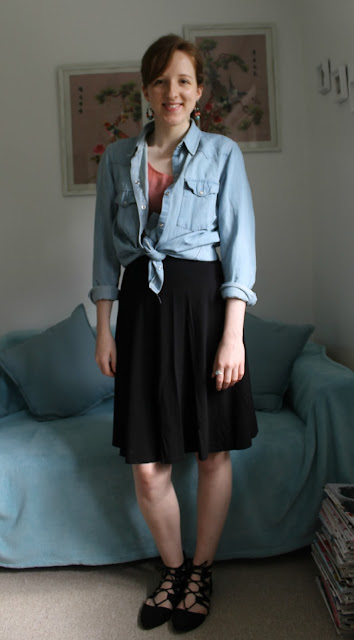 Outfit, Work, ASOS Skirt, Zara Shirt, Denim Shirt, ASOS, Zara, Primark. Primark Top, Primark Shes, Pointy Shoes, Pointed Shoes, Accessorize Backpack, Accessorize, Backpack
